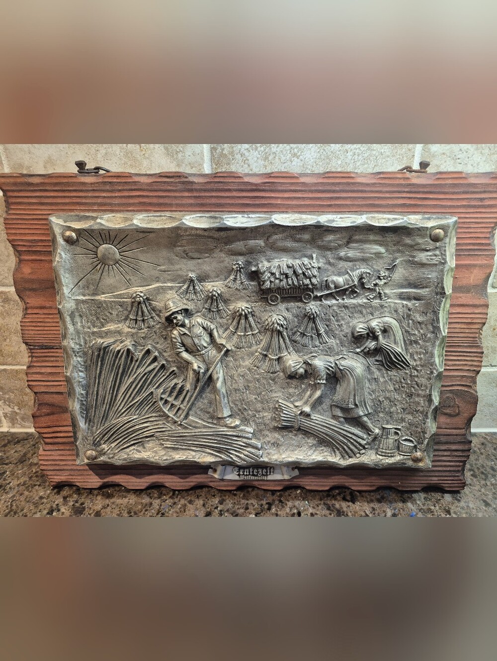 Vintage Folk Art Artist Punched Pewter 3D Farm Workers